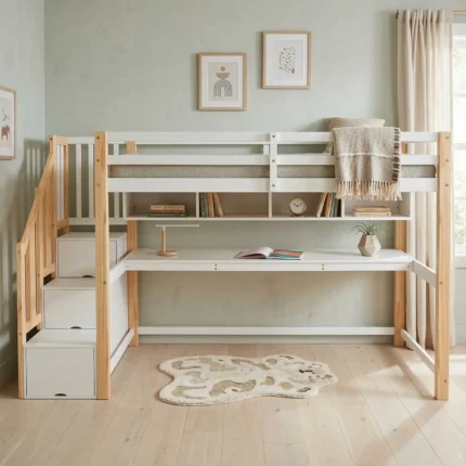 Kids Bunk Bed with Storage & Workspace